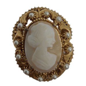 Vintage Florenza Cameo Brooch Carved Shell Faux Seed Pearls